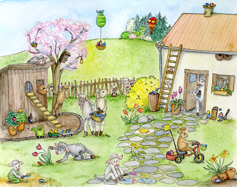 Ostern In Schafhausen Wimmelbild Zum Ausmalen Franziska Scherrers