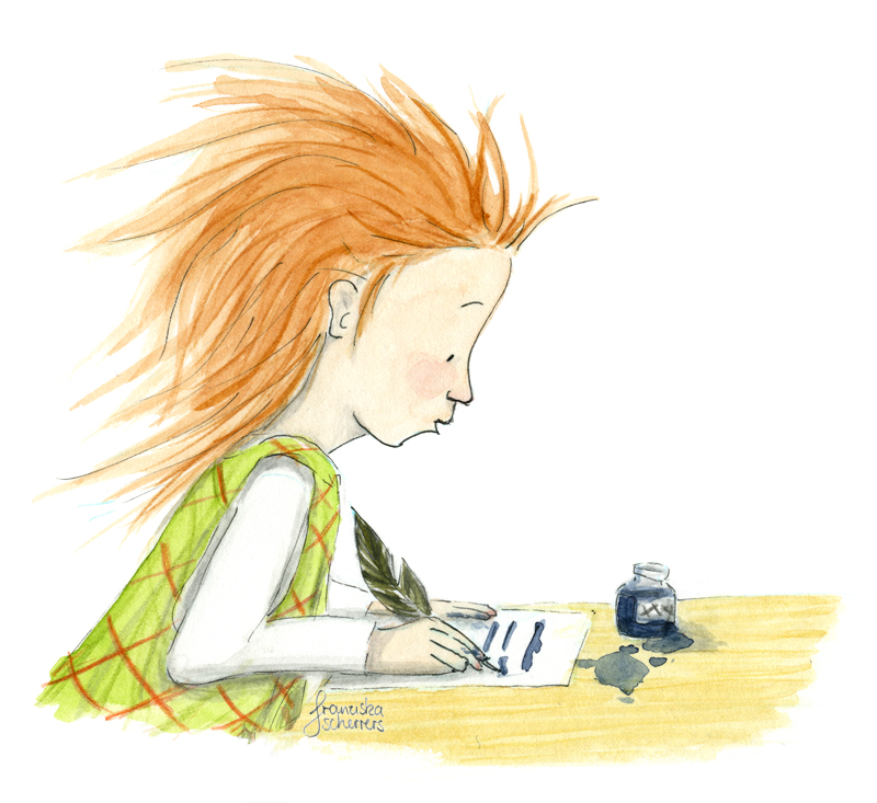 Kinderbuchillustration kleine Hexe schreibt